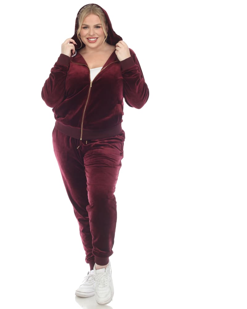 Front of a model wearing a size 2X Plus Size 2-Pc Velour Tracksuit Set in Burgundy by White Mark. | dia_product_style_image_id:320010